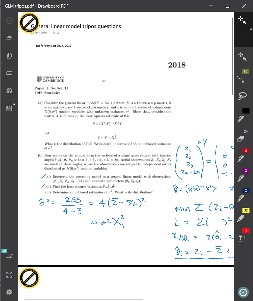 Screenshot of a Tripos question annotated in the Drawboard app